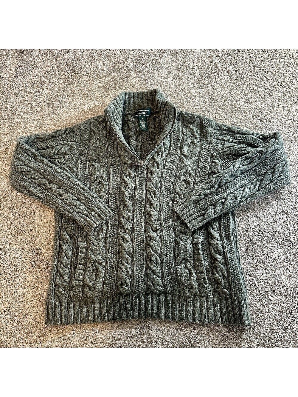 Lauren Ralph Lauren Sweater Women’s Sz M Green Wool Blend Hand Knit Cable - Picture 1 of 9